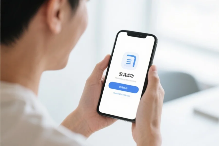 手机屏幕上显示“安装成功”提示，一名用户微笑着查看应用，周围环境整洁明亮